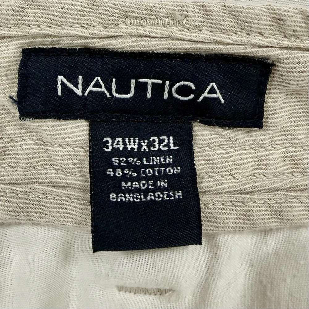 Nautica Men's 34x32 Beige Linen Cotton Pants Flat Front Chinos‎